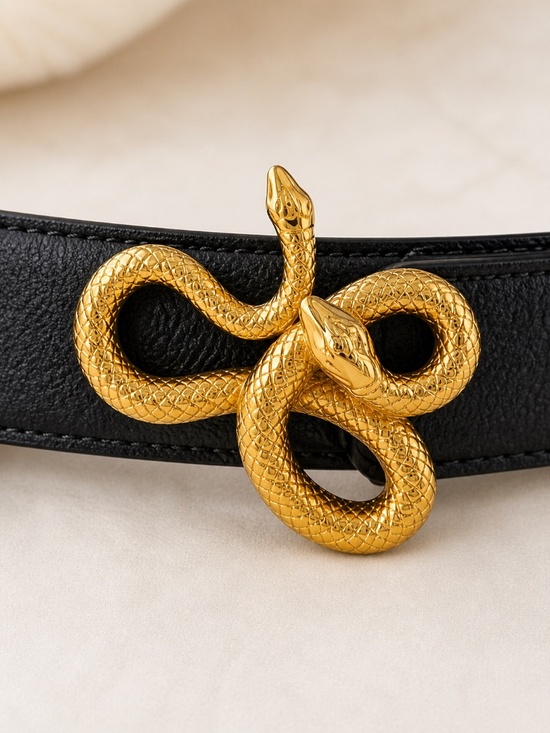 Vintage Terry Stack Black Italian Leather Snake Belt Gold Serpent Buckle Small